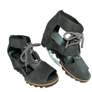 Sorel Joanie Lace Up Wedge Heel Open Toe Leather Canvas Lug Sole Sandal Black 7